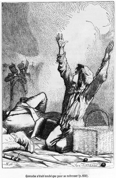 كان Gavroche قد انخفض فقط للارتفاع مرة أخرى ، التوضيح من `` Les Miserables &39;&39; بواسطة فيكتور هوغو (1802-1885) منقوش بواسطة Jules Leon Perrichon (1836-1897) بواسطة غوستاف بريون