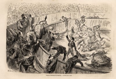 ثور يعبر الحاجز ، خلال مصارعة الثيران في فالنسيا ، رسمه غوستاف دوري (1832-1883) ، لتوضيح رحلته إلى إسبانيا ، مع سي دافيلييه ، في عام 1862. نقش في "" Le tour du monde "" ، تم تحريره بواسطة إدوارد شارتون بواسطة غوستاف دور