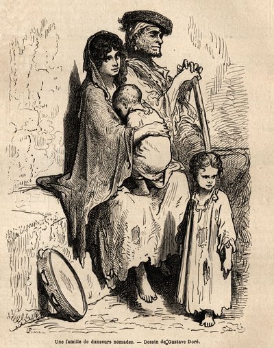 عائلة من الراقصين الرحل تستريح في شوارع إشبيلية. رسم تخطيطي تم التقاطه على الهواء مباشرة بواسطة Gustave Dore (1832-1883). نقش لتوضيح الرحلة في إسبانيا ، في عام 1862 بواسطة تشارلز ديفيلير وغوستاف دوري ، في "Le tour du monde، nouveau journal des voyag بواسطة غوستاف دور