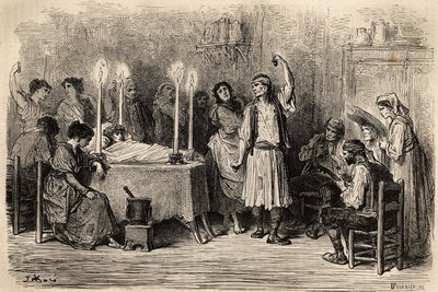 رقصة جنائزية ، خلال يوم الدفن في جيجوناس (مقاطعة اليكانتي). رسم تخطيطي تم التقاطه على الهواء مباشرة بواسطة Gustave Dore (1832-1883). نقش لتوضيح الرحلة في إسبانيا ، في عام 1862 بواسطة تشارلز ديفيلير وغوستاف دوري ، في "Le tour du monde، nouveau jour بواسطة غوستاف دور