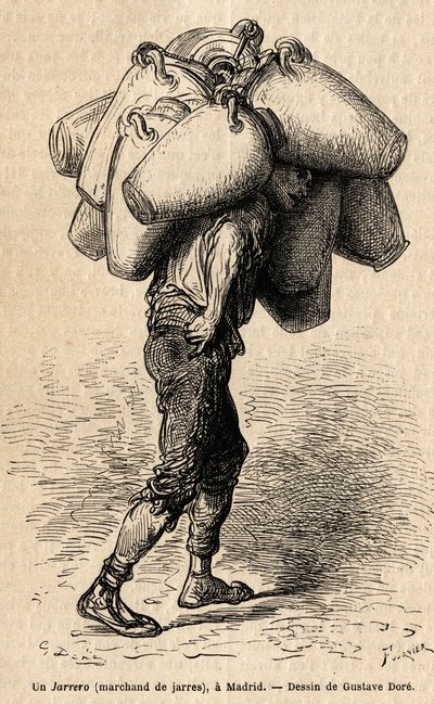 تاجر برطمانات ، رسم تخطيطي للحيوية التي تم التقاطها في مدريد. نقش لجوستاف دوري (1832-1883) لتوضيح رحلته إلى إسبانيا مع الفصل. دافيلييه (محرر) ، في عام 1862 ، نُشر في "" Le tour du monde "" "1869 ، تم تحريره بواسطة Edouard Charton ، بواسطة غوستاف دور
