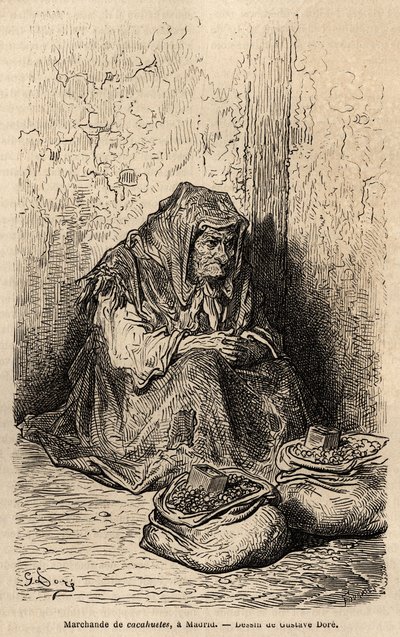 تاجر فول سوداني ، رسم تخطيطي مباشر في بويرتا ديل سول ، في مدريد. نقش لجوستاف دوري (1832-1883) لتوضيح رحلته إلى إسبانيا مع الفصل. Davillier (محرر) ، في عام 1862 ، نُشر في "" Le tour du monde "" "1869 ، تم تحريره بواسطة Edouard Chart بواسطة غوستاف دور