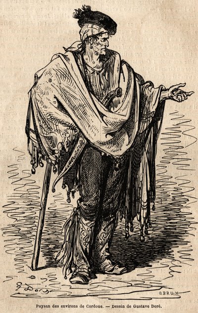 فلاح من منطقة قرطبة. رسم تخطيطي تم التقاطه على الهواء مباشرة بواسطة Gustave Dore (1832-1883). نقش لتوضيح الرحلة في إسبانيا ، في عام 1862 بواسطة تشارلز ديفيلير وغوستاف دوري ، في "Le tour du monde، nouveau journal des voyages" المنشور تحت دير بواسطة غوستاف دور