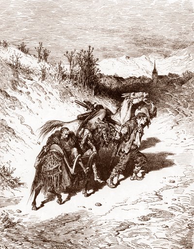 حراث من قريته يجلب كيشوت إلى المنزل نقشًا لغوستاف دور (1832-1883) لـ "L'Ingenieux Hidalgo Don Quixote de la Manche (Quixote - Quijote)" بقلم ميغيل دي سرفانتس (1547-1616) 1863 مجموعة خاصة بواسطة غوستاف دور