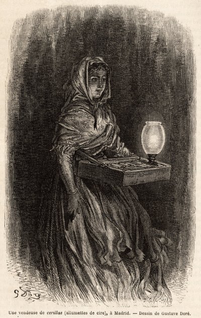 بائعة لمباريات الشمع ، رسم مباشر في بويرتا ديل سول ، مدريد. نقش لجوستاف دوري (1832-1883) لتوضيح رحلته إلى إسبانيا مع الفصل. Davillier (محرر) ، في عام 1862 ، نُشر في "" Le tour du monde "" "1869 ، تم تحريره بواسطة Edouard Charton ، بواسطة غوستاف دور