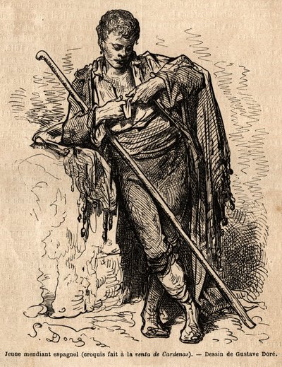 شحاذ شاب ، a la vente de Cardenas ، نزل على طريق المادين (إقليم القناة). رسم تخطيطي تم التقاطه على الهواء مباشرة بواسطة Gustave Dore (1832-1883). نقش لتوضيح الرحلة في إسبانيا ، في عام 1862 بواسطة تشارلز ديفيلير وغوستاف دوري ، في "Le tour d بواسطة غوستاف دور