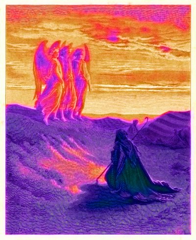 إبراهيم والملائكة الثلاثة ، رسم توضيحي من "معرض دور" ، محفور بواسطة Ligny ، تم نشره عام 1890 (صورة محسنة رقميًا) بواسطة Gustave Dore