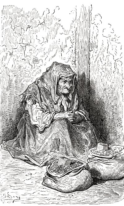 بعد رسم تخطيطي لامرأة إسبانية عجوز رسمه غوستاف دوري. من حياة وذكريات غوستاف دوري، نُشر عام 1885. بواسطة غوستاف دور