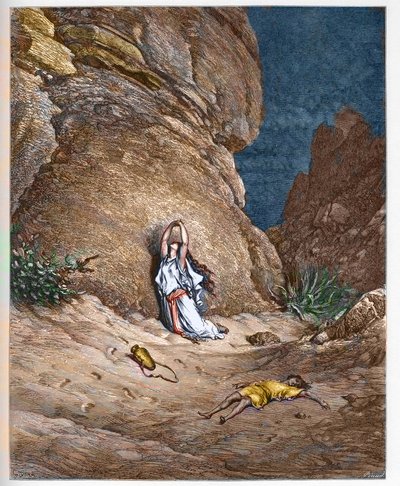 أغار (هاجر) وابنها إسماعيل (إسماعيل) ، في الصحراء بعد طردهما من قبل إبراهيم - عقار (هاجر) وابنه إسماعيل (إسماعيل) ، في الصحراء بعد أن اصطادهما إبراهيم - نقش في "" الإنجيل المقدس "" بواسطة Gustave Dore (1832-1883) - نقش الاب بواسطة غوستاف دور