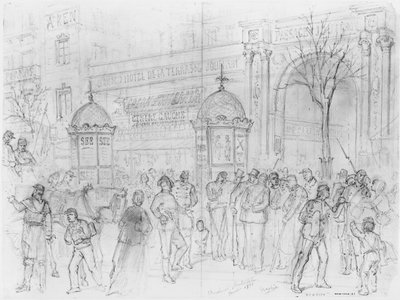 ألبوم حصار باريس ، بوليفارد مونمارتر ، يناير 1871 (قلم جاف وحبر بني وقلم رصاص على ورق) بواسطة غوستاف دور