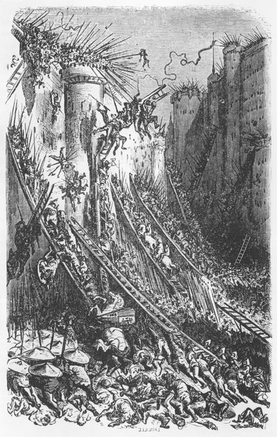 مهاجمة قلعة أو بلدة محصنة ، رسم توضيحي من "Les Contes Drolatiques" بواسطة Honore de Balzac (1799-1850) بواسطة غوستاف دور