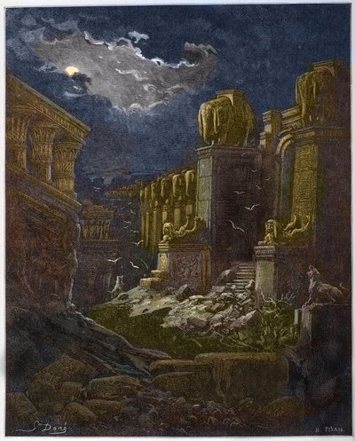 خراب بابل - سقوط بابل - بابل في الخراب (رؤية القديس يوحنا) - نقش في "إنجيل إنستري" بقلم غوستاف دوري (1832-1883) - نقش من "" الكتاب المقدس دوري " بواسطة غوستاف دور