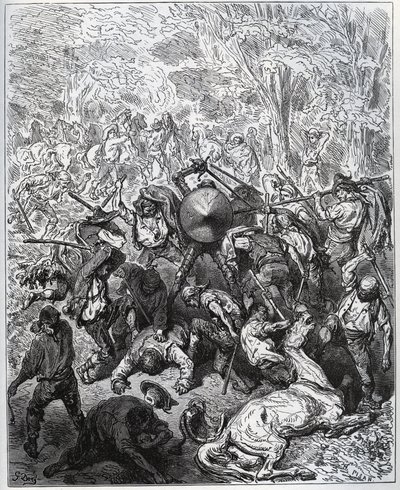 معركة مع صانعي البغال - استخدم Yangois نواديهم - من "Don Quixote de la Mancha" لميغيل سيرفانتس (1547-1616) (دون كيشوت) - نقش خشبي بعد رسم غوستاف دوري بواسطة غوستاف دور