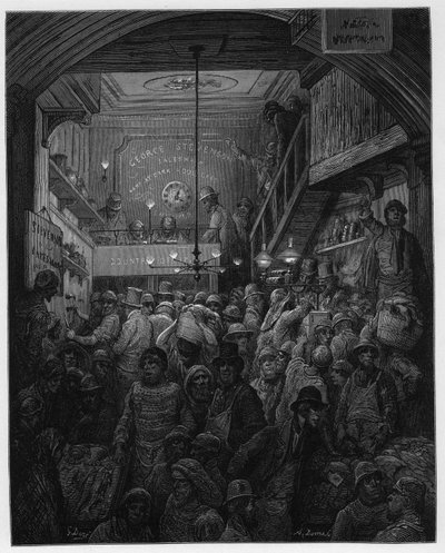 Billingsgate - بيع الأسماك في Criee. رسم توضيحي للندن بواسطة لويس إينولت رسمه غوستاف دور بواسطة Gustave Dore