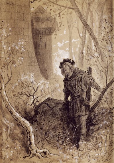 بلونديل يسمع صوت ريتشارد قلب الأسد ، رسم توضيحي لـ Gargantua و Pantagruel بواسطة Francois Rabelais (1483-1494 - 1553) ، نقش بواسطة Gustave Dore (1832-1883) بواسطة غوستاف دور