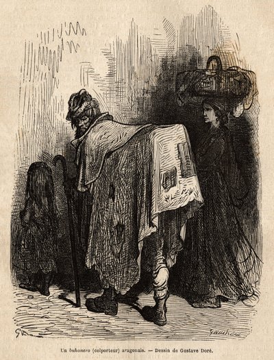 Buhonero ، بائع متجول أراغون. رسم لجوستاف دوري (1832-1883). نقش لتوضيح الرحلة في إسبانيا ، بقلم تشارلز دافيلييه ، عام 1862 ، نُشر في "" Le tour du monde "" "1872 ، تحرير إدوارد شارتون ، طبعة Hachette ، باريس. مجموعة سيلفا. بواسطة غوستاف دور