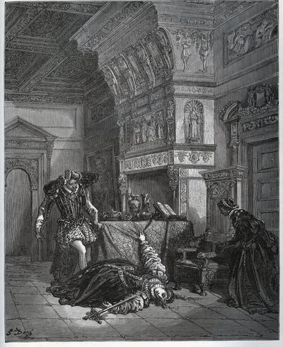 انتحار كاميل أمام لوثير وليونيلا - من "دون كيشوت دي لا مانشا" لميغيل سيرفانتس (1547-1616) (دون كيشوت) - نقش خشبي بعد رسم غوستاف دوري بواسطة غوستاف دور