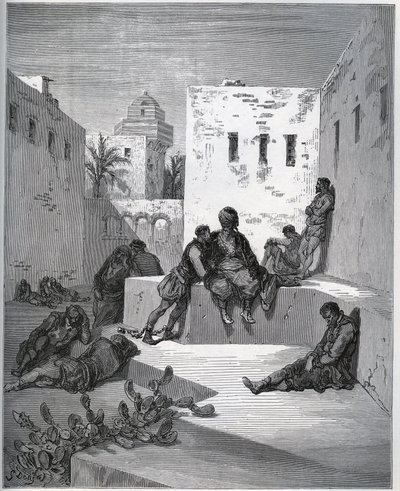قصة أسيرة. فناء فندق bagne d'Algiers حيث يطلب الأسير خدمة إلى الأسير المتمرد - من "" Don Quixote de la Mancha "لميغيل سيرفانتس (1547-1616) (دون كيشوت) - نقش خشبي بعد الرسم بواسطة غوستاف دوري بواسطة غوستاف دور