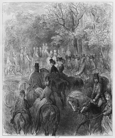 عربات وفرسان في هايد بارك ، رسم توضيحي من "لوندريس" بواسطة لويس إنولت (1824-1900) 1876 ، نقشها بول جونارد باسل (ت 1902) باريس ، هاشيت بواسطة غوستاف دور