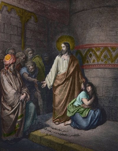 "" المسيح والمرأة الزانية "" رسم إيضاحي لغوستاف دوري (1832-1883) - يسوع والمرأة المأخوذة في الزنا - نقش غوستاف دوري - تلوين لاحقًا بواسطة غوستاف دور