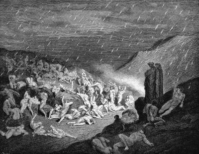 دانتي أليغييري إنفيرنو، الجزء الأول من الكوميديا الإلهية (الكوميديا الإلهية) 1863. الكانتو الرابع عشر: المقصورة الثالثة من الدائرة السابعة حيث يعاقب على ثلاثة أنواع من العنف: ضد الله، وضد الطبيعة، وضد الفن. "كانت مسرحية الهان البائسة لا تتوقف بواسطة غوستاف دور