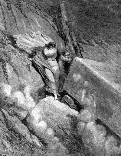 دانتي وفيرجيل على حافة الهاوية التي انبعثت منها رائحة كريهة ، 1863 بواسطة غوستاف دور