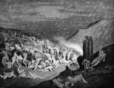 دانتي وفيرجيل ينظران إلى النفوس في العذاب في الجحيم ، 1863 بواسطة غوستاف دور