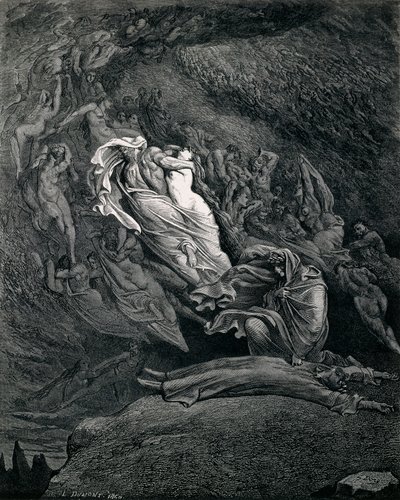 دانتي وفيرجيل مع باولو وفرانشيسكا ، رسم توضيحي للجحيم ، كانتو الخامس من الكوميديا الإلهية ، بقلم دانتي أليغيري (1265-1321) ، بقلم غوستاف دوري (1832-1883) بواسطة غوستاف دور