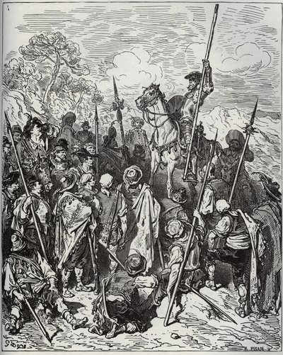 دون كيخوت وسانشو مع سرب من القرويين النهيقين - من "دون كيشوت دي لا مانشا" لميغيل سيرفانتس (1547-1616) (دون كيشوت) - نقش خشبي بعد رسم غوستاف دوري بواسطة غوستاف دور