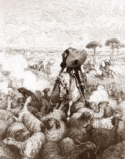 يهاجم دون كيشوت قطيع الغنم لنقش غوستاف دوري (1832-1883) لـ "إنجينيو هيدالجو دون كيشوت دي لا مانشا (كيشوت - كيشوت)" لميغيل دي سيرفانتس (1547-1616) 1863 مجموعة خاصة بواسطة غوستاف دور