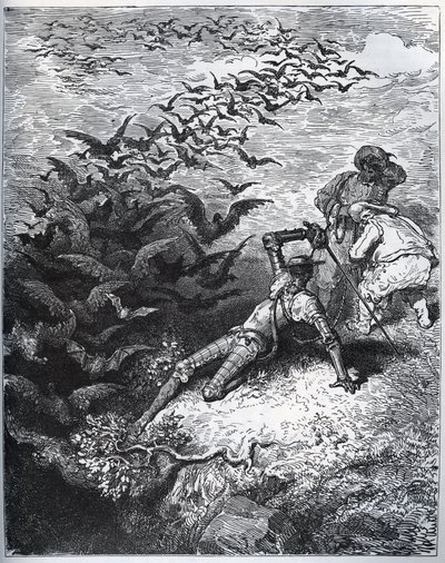 Don Quixote a la cave de Montesinos - يطير عدد لا حصر له من الغربان والغربان من كهف مونتيسينوس ، ويطرح دون كيخوت على الأرض (II ، 22) - من "" Don Quixote de la Mancha "" لميغيل سيرفانتس (1547- 1616) (دون كيشوت) - نقش خشبي بعد الرسم بواسطة غوستاف دور