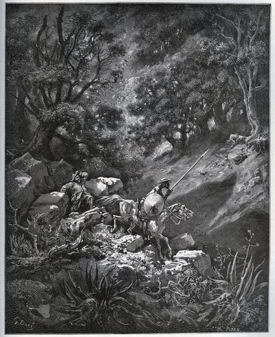 يواصل دون كيشوت وسانشو بانزا رحلتهم في سييرا مورينا بحثًا عن Deguenille-de-la-Malaise-Mine - من "Don Quixote de la Mancha" لميغيل سيرفانتس (1547-1616) (دون كيشوت) - نقش خشبي بعد الرسم بواسطة غوستاف دوري بواسطة غوستاف دور