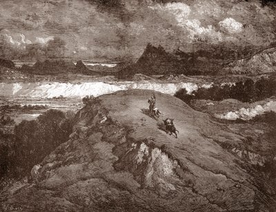 دون كيشوت وسانشو بانزا يقتربان من سييرا مورينا نقش لغوستاف دوري (1832-1883) لـ "لانجينيو هيدالجو دون كيشوت دي لا مانش (كيشوت - كيشوت)" لميغيل دي سيرفانتس (1547-1616) مجموعة خاصة 1863 بواسطة غوستاف دور