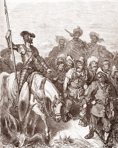 يستجوب دون كيشوت وسانشو بانزا المجرمين الذين يقودون إلى نقش القوادس بواسطة غوستاف دوري (1832-1883) من أجل "لانجينيو هيدالجو دون كيشوت دي لا مانشا (كيشوت - كويجوت)" بقلم ميغيل دي سيرفانتس (1547-1616) 1863 خاص مجموعة بواسطة غوستاف دور
