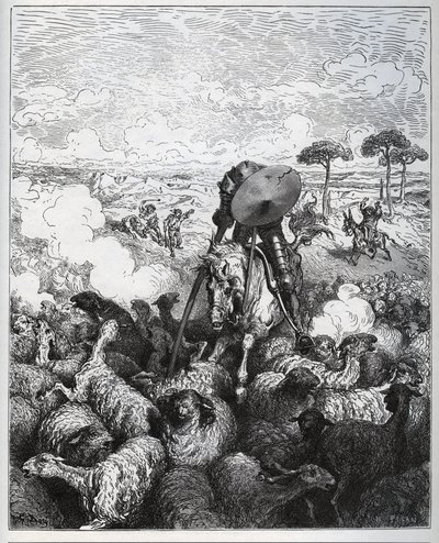 يهاجم دون كيشوت قطيعًا من الأغنام ، معتقدًا أنه كان يتعامل مع جيش Alibanfaron من تابروبانا - من "Don Quixote de la Mancha" لميغيل سيرفانتس (1547-1616) (دون كيشوت) - نقش خشبي بعد الرسم بواسطة غوستاف دوري بواسطة غوستاف دور