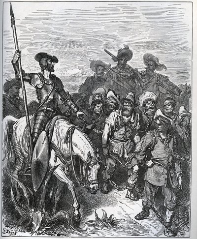 دون كيشوت يستجوب القوى حول أسباب قناعاتهم - من "دون كيشوت دي لا مانشا" بقلم ميغيل سيرفانتس (1547-1616) (دون كيشوت) - نقش خشبي بعد رسم غوستاف دوري بواسطة غوستاف دور