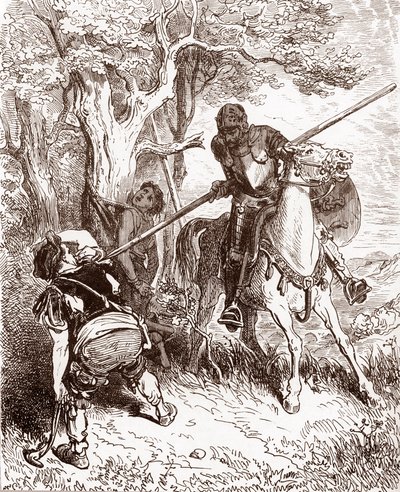 يهدد دون كيشوت الفلاح الذي كان يشحن الصبي الراعي نقش غوستاف دوري (1832-1883) لـ "L