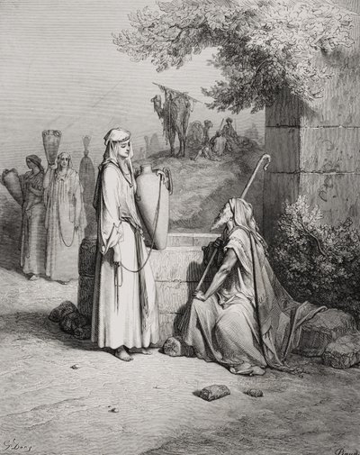 إليعيزر وربيكة ، تكوين 24: 15-21 ، صورة من كتاب "دور" للكتاب المقدس ، نقش عليه بياود ، 1866 بواسطة غوستاف دور