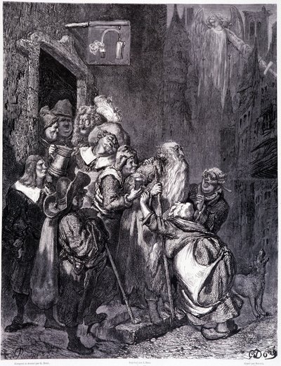 Enter this inn, plate IV - Illustration by Gustave Dore (1832-1883), for La legende du Jeif wandering by Pierre Dupont, edition Librairie du magasin picturesque, Paris 1862 بواسطة غوستاف دور