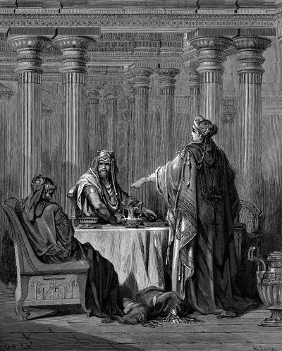 استير عام 450 قبل الميلاد قبل زوجها الملك أحشويرش زركسيس الأول ملك بلاد فارس ، 1866 بواسطة غوستاف دور