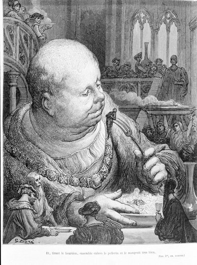 مقتطف من Gargantua (1534) بواسطة François Rabelais (1483 - 1553): وبعد سحب النحلة الطنانة ، أزل البيليرين معًا وأكله جيدًا. نقش لغوستاف دوري (1823-1883) بواسطة غوستاف دور
