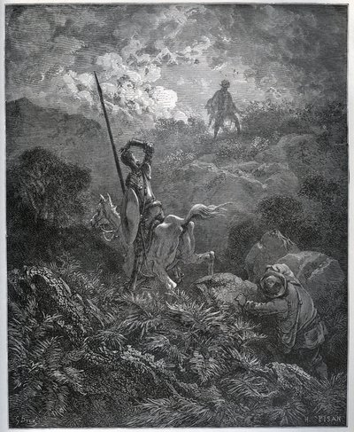 الظهور الأول لـ Deguenille-de-la-Malaise-Mine - من "" Don Quixote de la Mancha "لميغيل سيرفانتس (1547-1616) (دون كيشوت) - نقش خشبي بعد رسم غوستاف دوري بواسطة غوستاف دور