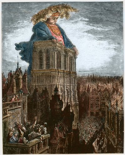 Gargantua على أبراج Notre-Dame في باريس - Gargantua يستريح على أبراج كنيسة Notre-Dame في باريس - رسم توضيحي من "Gargantua and Pantagruel" بقلم فرانسوا رابيليه - نقش لغوستاف دوري (1832-1883) بواسطة غوستاف دور
