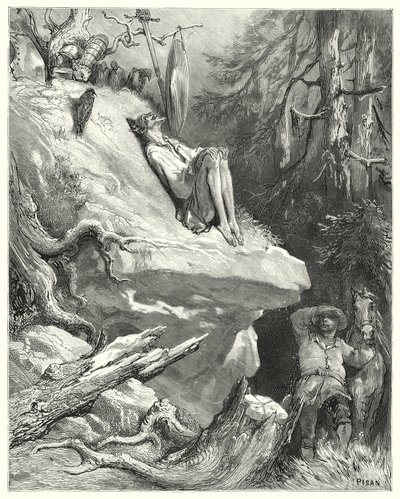 Gustave Dores Don Quixote: "Alas!" answered Sancho, "I found him in his shirt, lean, pale, and almost starved, sighing for his Lady Dulcinea" (engraving) بواسطة غوستاف دور