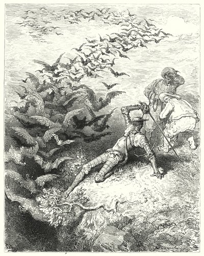 Gustave Dores Don Quixote: "An infinite number of overgrown crows and daws came rushing and fluttering out of the cave" (engraving) بواسطة غوستاف دور