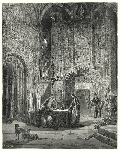دون كيشوت لـ Gustave Dore: "فتاة أخرى تدخل الغرفة ، وتبدأ في إخباره بالقلعة ، وكيف أنها مفتونة بها" (نقش) بواسطة غوستاف دور