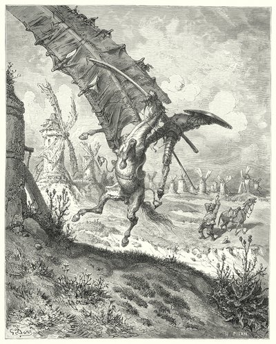 Gustave Dores Don Quixote: "The sail hurled away both knight and horse along with it" (engraving) بواسطة غوستاف دور
