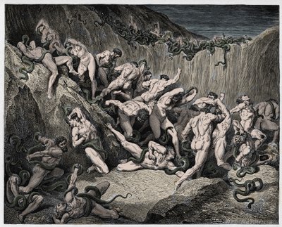جحيم ، كانتو 24: اللصوص يعذبهم الثعبان ، رسم توضيحي من "الكوميديا الإلهية" لدانتي أليغييري ، 1885 بواسطة غوستاف دور