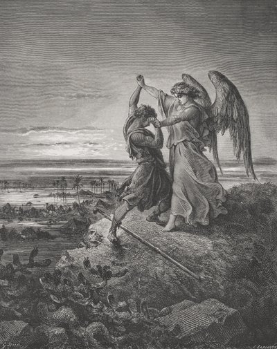 يعقوب يتصارع مع الملاك ، تكوين 32: 24-32 ، رسم توضيحي من "الكتاب المقدس" لدور ، منقوش بواسطة لابلانت ، 1866 بواسطة غوستاف دور