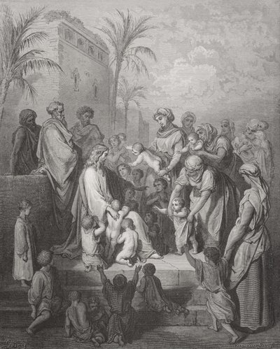 يسوع نعمة الأطفال ، صورة توضيحية من "الكتاب المقدس" لدور ، منقوش بواسطة Pannemaker ، 1866 بواسطة غوستاف دور